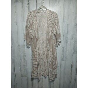 Rebellion Again Bohemian Lace Kimono Cardigan Sheer Embroidered Cream Large